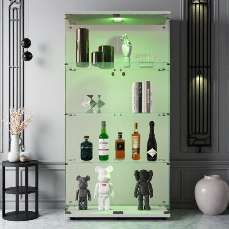 Vitrine en verre trempé 4 étagères – Éclairage d'ambiance réglable – Serrure de sécurité – Dimensions 80.5x36.5x164 cm - Blanc (1/5)