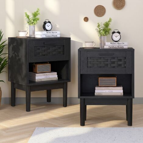 Lot de 2 Table à Chevet, Table de Nuit, Table d’Appoint avec Tiroir et compartiment ouvert, Moderne pour Salon, Chambre, 40 x 30 x 55 cm, Noir