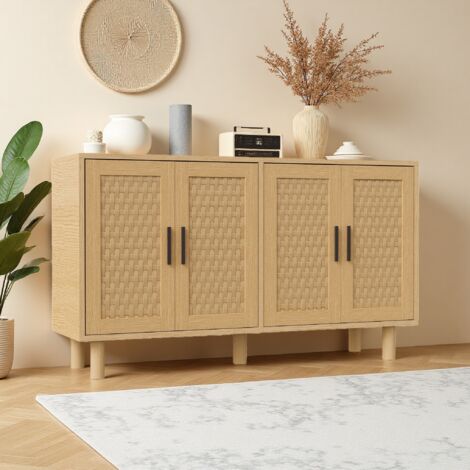 Buffet de cuisine, meuble de rangement salon/salle à manger, 4 portes, MDF, pieds en bois, anti-basculement, cmétagère réglable, 140x40x80 cm, chêne