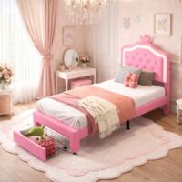 Lit fille 90x200cm avec lampes LED, lit enfant avec tête de lits réglable en hauteur et 1 tiroirs, PU lit simple pour fille en cuir avec couronne, rose