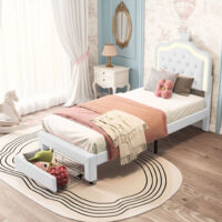 Lit fille 90x200cm avec lampes LED, lit enfant avec tête de lits réglable en hauteur et 1 tiroirs, PU lit simple pour fille en cuir avec couronne, blanc