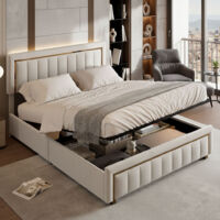 Lit coffre 160x200 cm avec sommier, lit double capitonné avec rangement et tete de lit, lit hydraulique avec à lattes lits, pour adultes et ado,velours, beige
