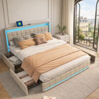 Lit double 160x200 cm avec éclairage LED et fonction de charge USB, lit capitonné avec 4 tiroirs rangement et sommier à lattes, lit 2 personne pour adultes et adolescents, beige