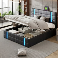 Lit coffre 140x190 cm, lit double capitonné avec éclairage LED et USB et tête de lits, fonction de charge, lit adulte avec sommier à lattes, PU, sans matelas, noir