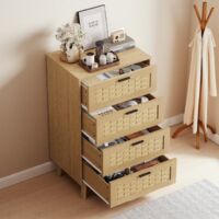 Commode 4 tiroirs en rotin – Dimensions 40P x 55L x 95H cm – Poignée intégrée – Dispositif anti-trébuchement – Meuble Rangement Chambre Salon Porche