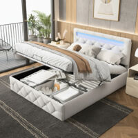 Lit double capitonné 160x200 cm, lit 2 personnes avec espace de rangement et LED réglable, lit coffre LED avec sommier à lattes, cadre de lit pour adulte adolescent, velours, beige
