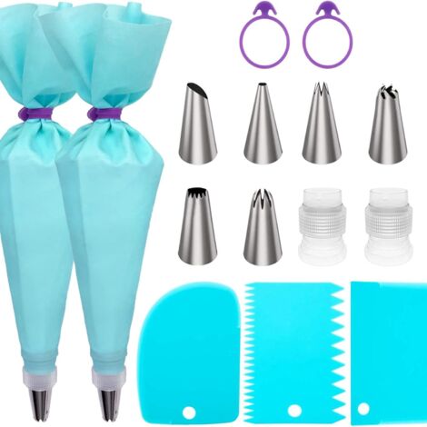 Ensemble de 15 poches à douille réutilisables et douilles – avec adaptateurs et anneaux en silicone pour la décoration de gâteaux, biscuits et cupcakes