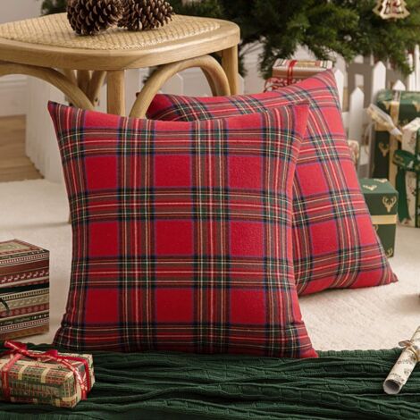 Lot de 2 housses de coussin décoratives à carreaux écossais de 45 x 45 cm (rouge et vert) pour une décoration de Noël champêtre.