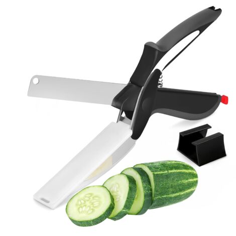 Outil 2 en 1 pour couper les fruits et légumes - Ciseaux et couteau combinés, compatible lave-vaisselle, verrouillage de sécurité, noir et blanc (1/5)