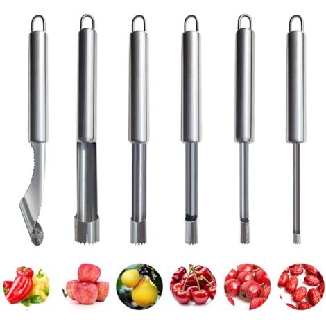 Ensemble de 6 pièces multifonctions pour fruits et légumes : éplucheur et dénoyauteur pour pommes, poires, cerises, jujubes, baies et piments, argent