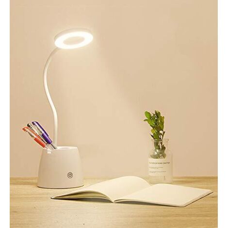 Lampe de bureau LED  Port USB de chargement, 3 modes d’éclairage, lumière respectueuse des yeux, commande tactile, col de cygne flexible, support téléphone & stylo