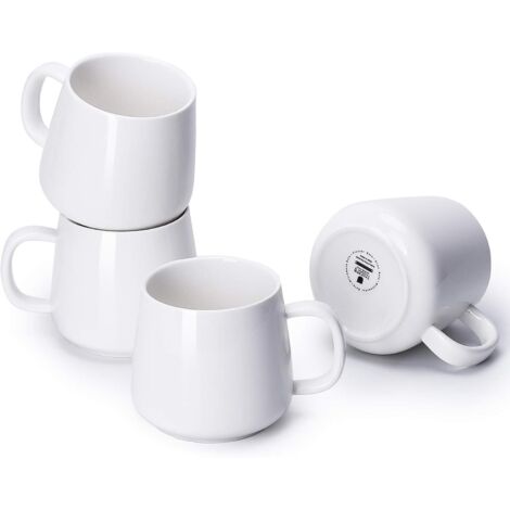 Ensemble de 4 tasses à café en porcelaine blanche 35 cl (12 oz) avec anse Céramique lisse design moderne, pour boissons chaudes et froides: café, thé, chocolat, lait