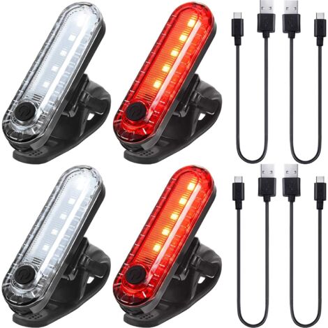 Kit d'éclairage vélo, lot de 4 phares et feux arrière LED rechargeables par USB - Éclairage avant et arrière étanche avec 4 câbles USB inclus