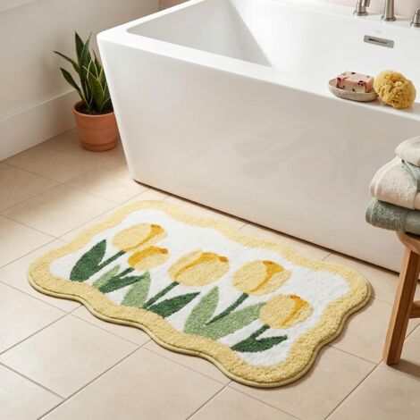 Tapis de bain moelleux à motif de tulipes mignonnes, tapis de douche antidérapant et absorbant avec bord ondulé, tapis de bain en peluche extra doux, paillasson décoratif floral pour salle de bain, cu (1/5)