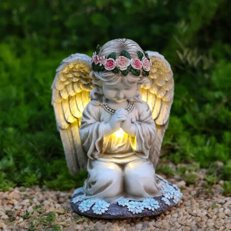 Statue d'ange solaire pour jardin et cimetière, figurines d'ange en résine avec lanternes solaires pour extérieur imperméable, sculptures d'ange décoration pour cour, pelouse, terrasse, balcon,