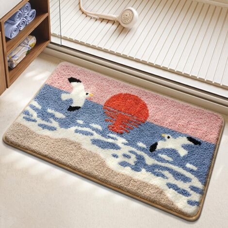 apis de bain en peluche motif vague et mouette avec dos antidérapant, doux et absorbant, en polyester pour salle de bain, lavable en (1/5)