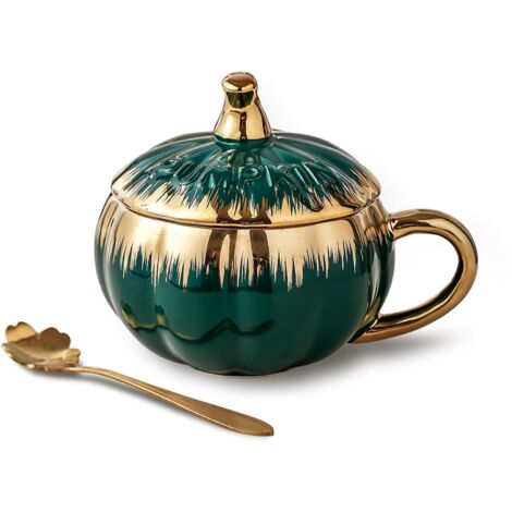 Tasse à café en céramique avec cuillère et couvercle, tasse à café unique en forme de citrouille avec bordure dorée, grande tasse en forme de citrouille galvanisée, tasse à café d'Halloween pour homme (1/5)