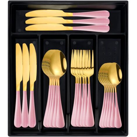 Service de couverts 24 pièces avec organiseur, en acier inoxydable pour 6 personnes, ensembles de vaisselle roses avec poignée antidérapante, résistant à la rouille, poli miroir (rose)