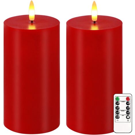 Bougies rouges sans flamme, lot de 2 bougies LED vacillantes de 6"x3" avec télécommande et minuterie, bougies pilier électriques en vraie cire dimmables, fonctionnant sur batterie, lumière de bougie p (1/5)