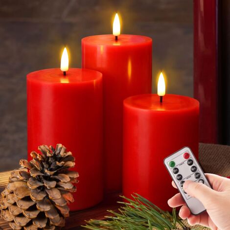 Bougies Piliers Sans Flamme Rouges avec Télécommande, Ensemble de 3 Bougies LED de Noël, Bougies Électriques à Cire Clignotante à Batterie, Décoration (1/5)
