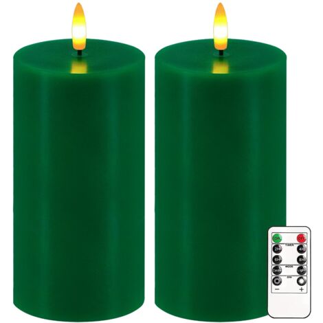 Lot de 2 bougies sans flamme vertes à DEL vacillantes de 15,2 x 7,6 cm avec télécommande et minuterie, bougies piliers électriques à intensité variable à piles, bougies pour décoration de Noël de la (1/5)