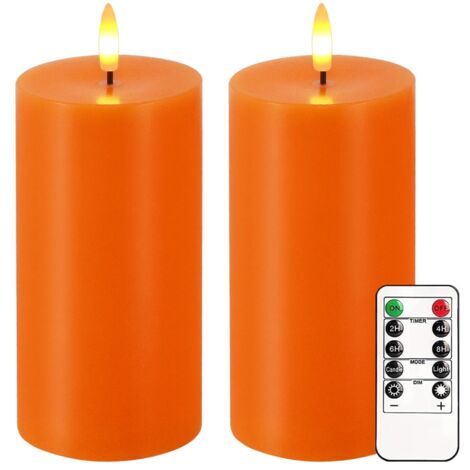Chandelles sans flamme orange, ensemble de 2 de 7"x3" chandelles LED vacillantes avec télécommande et minuterie, chandelles pilier électriques dimmables fonctionnant sur batterie, lumière de chandelle (1/5)