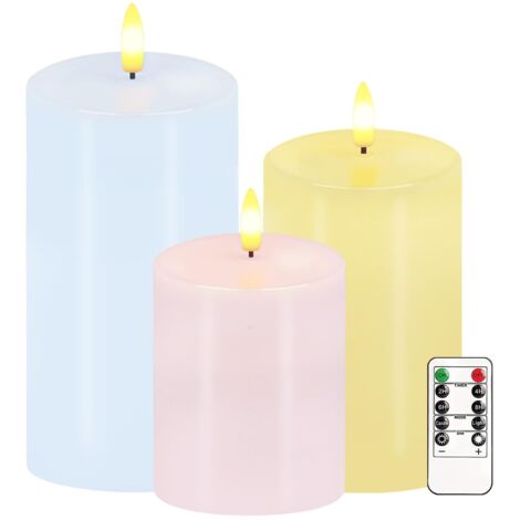 Bougies sans flamme pastel, lot de 3 bougies LED de Pâques vacillantes avec télécommande et minuterie, bougies piliers électriques à cire réelle modulables, fonctionnant sur piles, lumière de bougies (1/5)