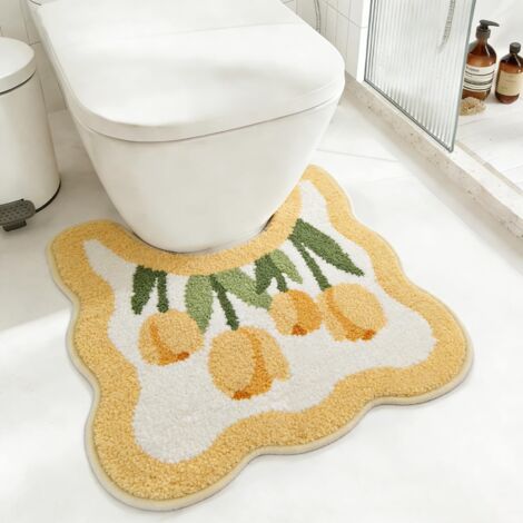 Tapis de toilette en forme de U avec fleur de tulipe, tapis de bain antidérapant floral romantique avec design à bords ondulés, tapis de sol en microfibre doux et absorbant pour base de toilette, déco (1/5)