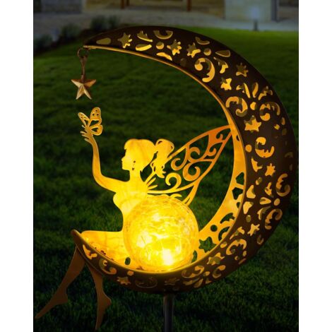 Lampes solaires de jardin à piquet lune et ange, décoration extérieure en métal ajouré, boule de verre craquelé éclairage doux pour terrasse pelouse et allée (1/5)