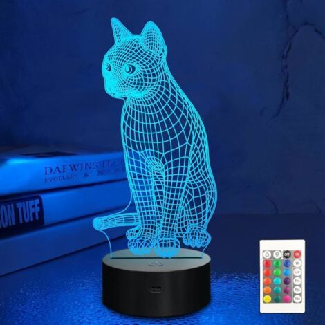 Lampe de nuit 3D en forme de chat - Lampe illusion 3D pour enfants - 16 couleurs changeantes avec télécommande - Décoration de chamb (1/5)