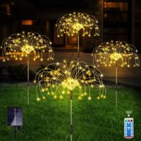 4 lampes solaires feu d'artifice 120 LED blanc chaud télécommandées, 8 modes étanches pour allée pelouse cour et terrasse