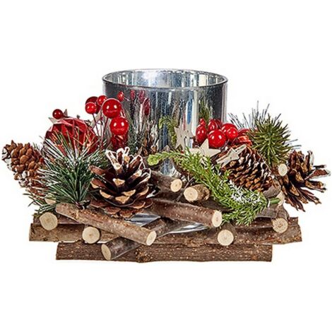 Bougeoir - Noël - Naturel, Rouge, Argenté - 20 x 11 x 20 cm - Décoration Intérieure (1/2)