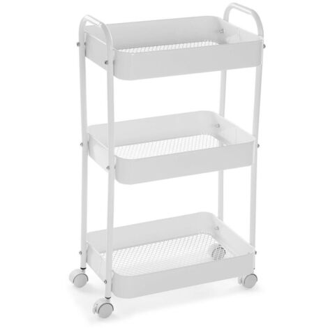 Versa Rogsta Meuble auxiliaire de salle de bains, chariot de rangement ou charrette, avec 3 étagères et roulettes, Dimensions (H x l x L) 76 x 30 x 46 cm, Métal, Couleur: Blanc (1/5)