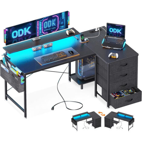 Bureau d'angle noir 140x80cm LED de jeu OffiGo