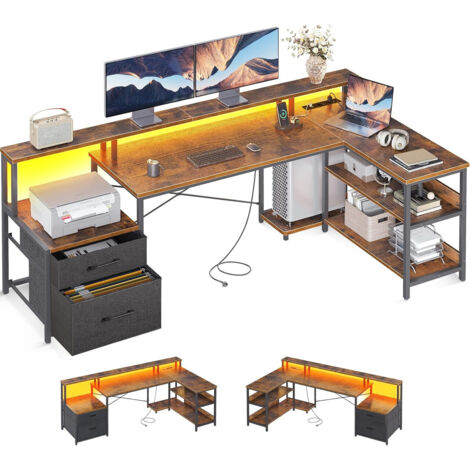Bureau d'angle vintage marron 189,3x100cm LED OffiGo