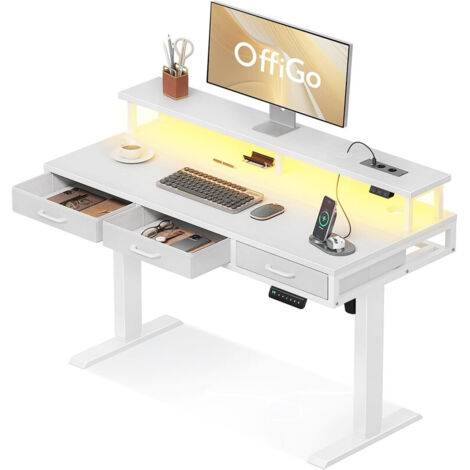 Bureau électrique assis-debout OffiGo 120x54cm blanc 3 tiroirs LED USB