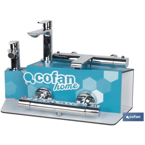 COFAN kit de grifería + expositor modelo matheson , Kit expositor o soporte para grifería fabricado en PVC (palboard) de la marca Cofan home. Con capacidad para 5 unidades de grife