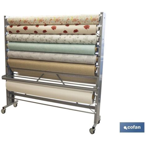 expositor de hules y manteles horizontal con cortador y ruedas para 22 rollos (1/4)