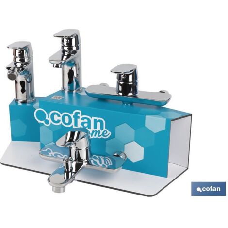 COFAN kit de grifería + expositor modelo rift , Kit expositor o soporte para grifería fabricado en PVC (palboard) de la marca Cofan home. Con capacidad para 5 unidades de grifería:
