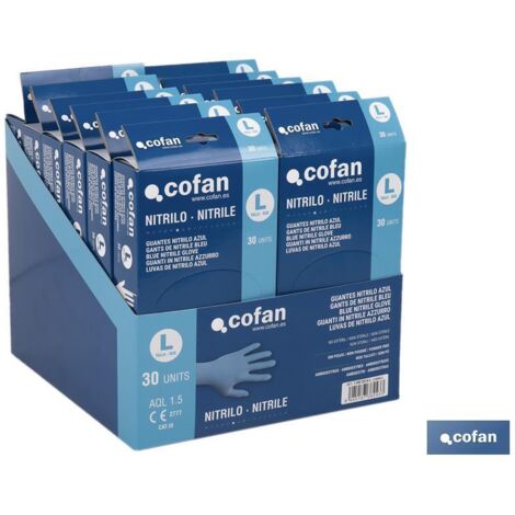 COFAN expositor caja 30 unds. guantes nitrilo t-l , Expositor de cartón con 12 cajas dispensadoras de 30 guantes de nitrilo sin polvo. Su colocación es ambidiestra y se caracteriza