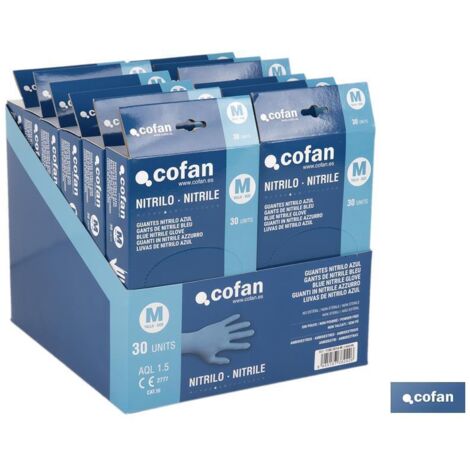 COFAN expositor caja 30 unds. guantes nitrilo t-m , Expositor de cartón con 12 cajas dispensadoras de 30 guantes de nitrilo sin polvo. Su colocación es ambidiestra y se caracteriza