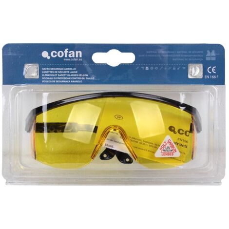 COFAN blister gafas seguridad ultravioleta , Gafas de protección en tono amarillo y sus patillas en color negro. Son ideales contra impactos, a la vez que confortables y muy ligera