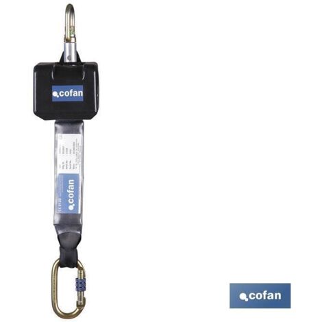COFAN anticaída retráctil cinta 2.5 m , Anticaída retráctil con cable de 2,5 m. Factor de caída 2. Cuenta con una cinta de 50 mm de ancho, con una carcasa de protección, absorbedor