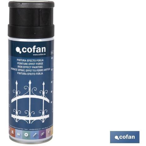 COFAN pintura efecto forja negro 400 ml , Pintura efecto forja para decolorar y proteger superficies metálicas. Produce un efecto de color en hierro antiguo resistente a la abrasió