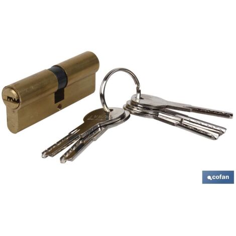 COFAN cilindro seg. d. embrague 40/40 l. larga-latón , Cilindro seguridad Doble embrague leva larga latón. Se suministra 5 llaves. Permiten tener insertada una llave por cada lado