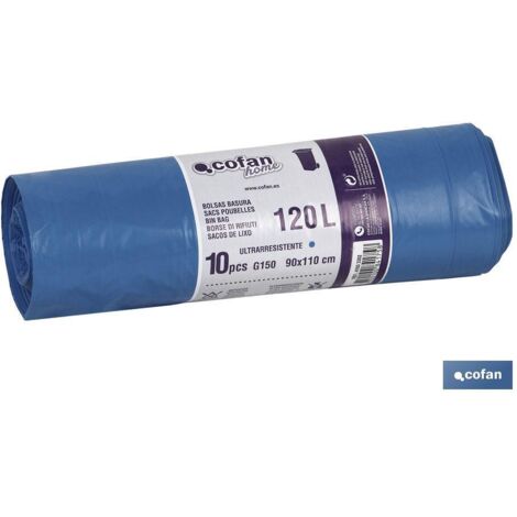 COFAN bolsa de basura 90x110 galga 150 color azul 10 uds. , Bolsas de basura disponibles en color negro, azul y amarillo para contenedores de 120 litros. Fabricadas en polietileno