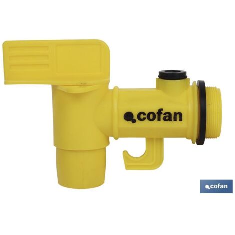 COFAN grifo polietileno container r - 2 , Grifo de Polietileno con rosca R 2 para container y bidones de fluidos, incluye rosca para nivel y pestañas de cierre con candado.