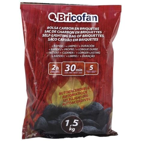 COFAN bolsa carbon en briquetas autoencendible 1,5 kgs , Bolsa de carbón vegetal en briquetas para utilizar en barbacoas. Basta con encender la bolsa y en tan solo 30 minutos obten
