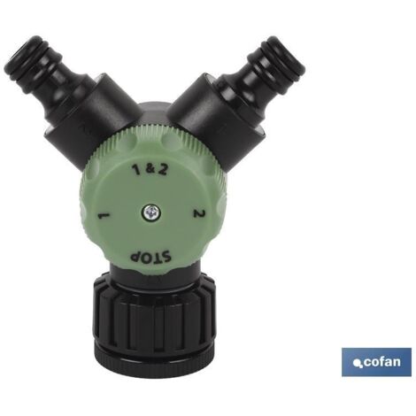 COFAN colector de riego 2 salidas , Colector de riego con 2 salidas y enganche directo al grifo. La medida de la cabeza es 3/4 - 1. Convierte un grifo de jardín en 2 salidas para q
