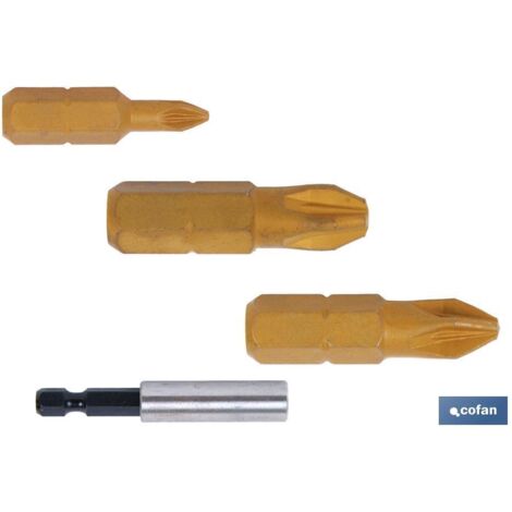 COFAN surtido puntas 1/4 tin pz-1-2-3x25+adaptador , Blíster de Kit de tres puntas de atornillar modelo de huella Pozi drive de PZ-1, 2 y 3 en 25 mm de longitud total de la punta,